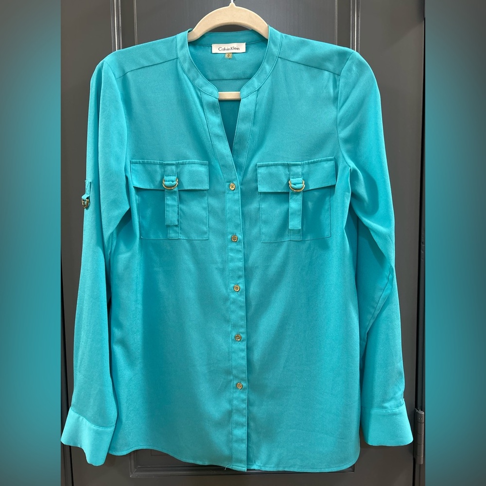 Calvin Klein Blouse Light Blue Long Sleeve Top Pullover Shirt Women S